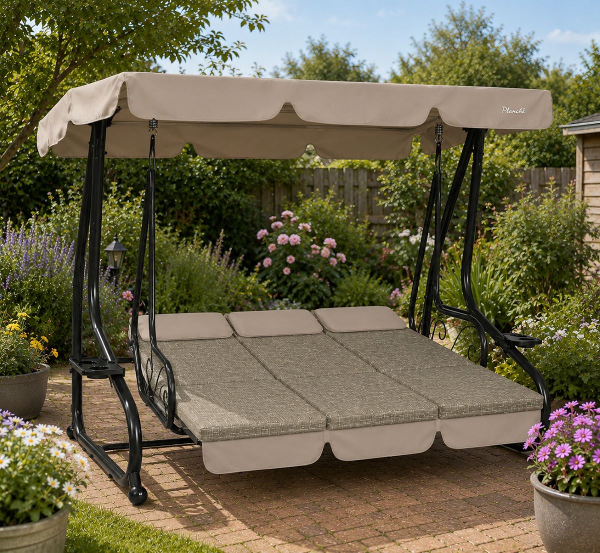 GardenLine Luxusní zahradní houpačka s lůžkem a držáky na nápoje pro 3 osoby 200 × 120 × 164 cm SORENTINO Mesh Taupe béžová 1
